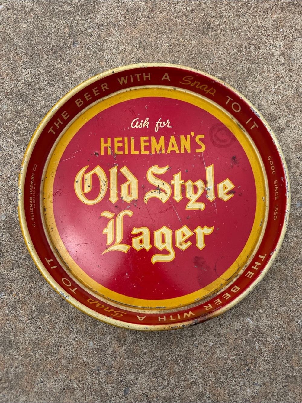 Vintage Heileman's Old Style Lager Red and Yellow Metal Tray